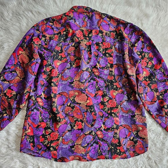 Vintage HER Women's 100% Silk Floral Long Sleeves Button Down Shirt Size L - Picture 7 of 8